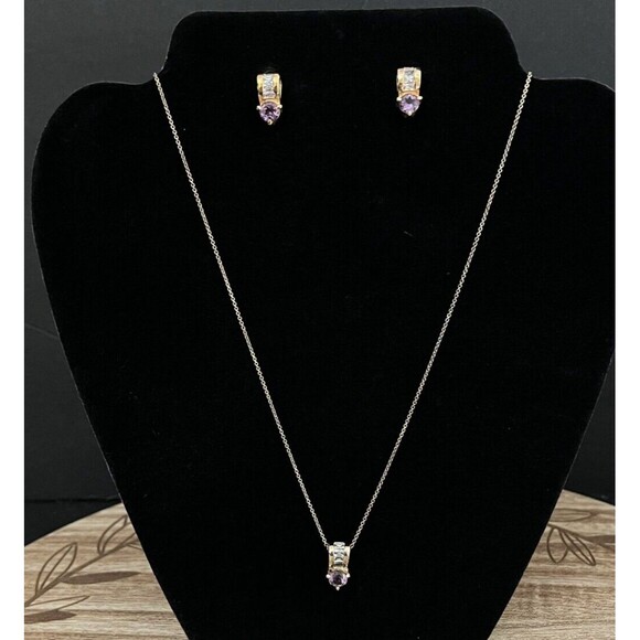 Vtg FAS 925 Amethyst & Clear Crystals Gold Over Silver Stud Earrings Pendant Set